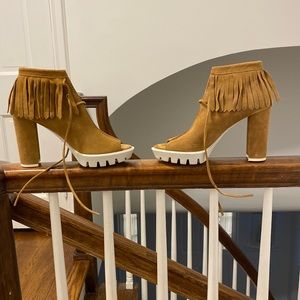BCBG platform suede fringe open toe booties